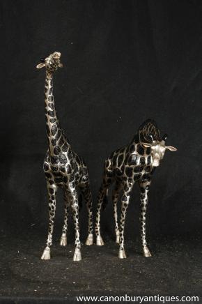 Pair Bronze Giraffe Statues Tribal Art African Animals